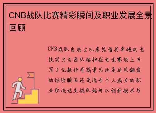 CNB战队比赛精彩瞬间及职业发展全景回顾